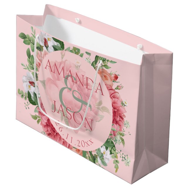 Blush Pink White Pretty Floral cute Wedding Favour Large Gift Bag (Front Angled)