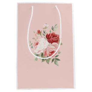 Blush Pink White Red Roses Floral Bridal Shower Medium Gift Bag