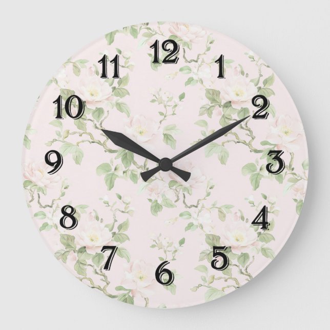 Blush Pink White Romantic Floral Large Clock (Front)