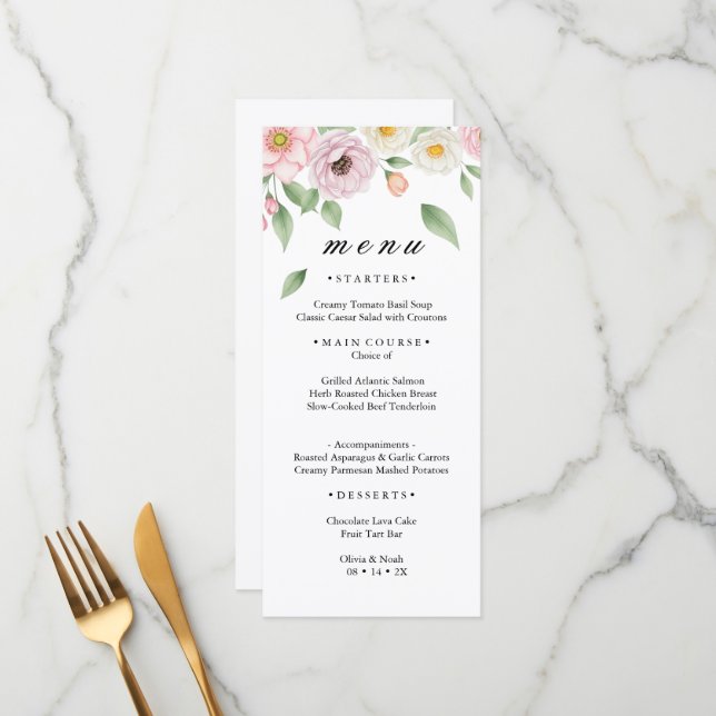 Blush Pink White Rose Botanical Wedding Dinner  Menu (Front/Back In Situ)