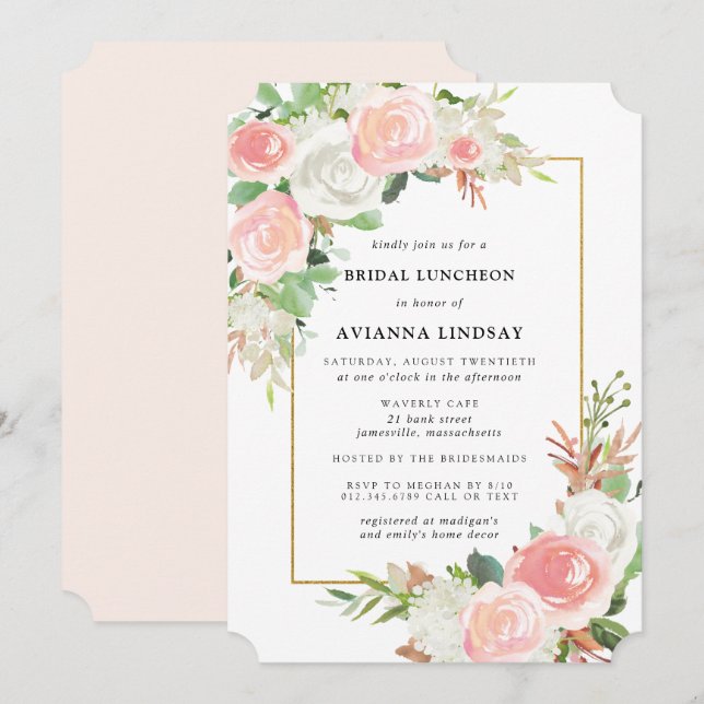 Blush Pink White Rose Floral Bridal Luncheon Invitation (Front/Back)