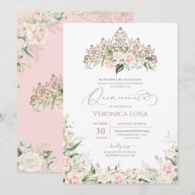 Blush Pink White Rose Floral Elegant Quinceanera Invitation (Front/Back)
