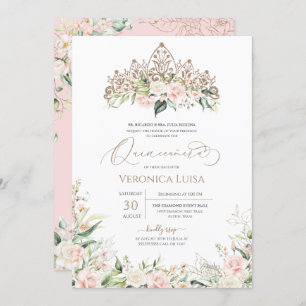 Blush Pink White Rose Floral Elegant Quinceanera Invitation