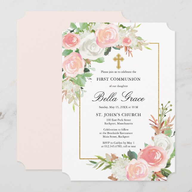 Blush Pink White Rose Floral First Holy Communion  Invitation (Front/Back)