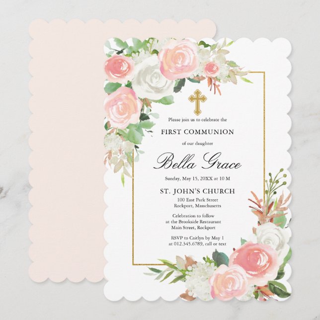 Blush Pink White Rose Floral First Holy Communion Invitation (Front/Back)