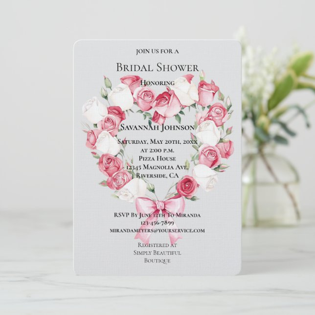 Blush Pink White Rose Floral Heart Bridal Shower Invitation (Standing Front)