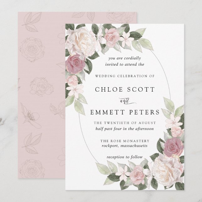 Blush Pink White Rose Floral Wedding Invitation (Front/Back)