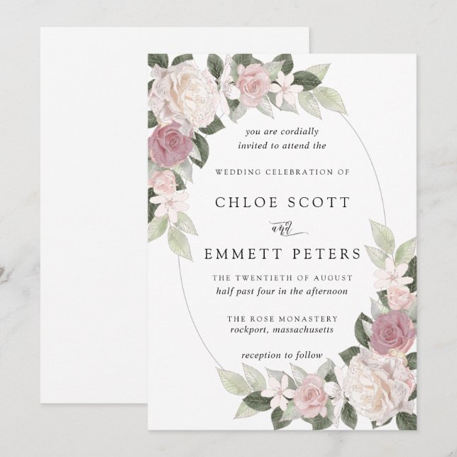 Blush Pink White Rose Floral Wedding Invitation (Front/Back)