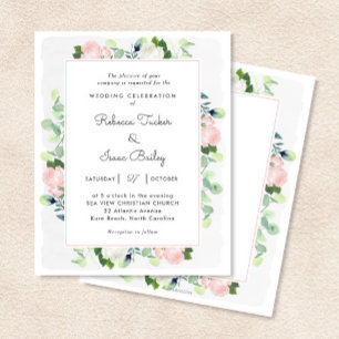Blush Pink White Roses Greenery Wedding Invitation