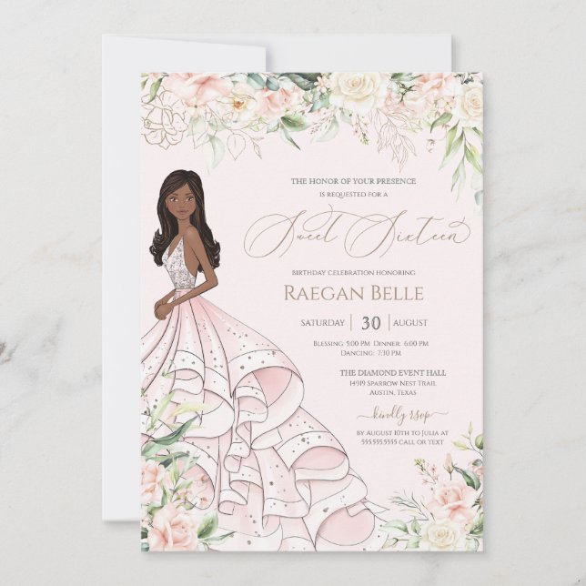 Blush Pink White Roses Luxury Gown Sweet Sixteen Invitation (Front)
