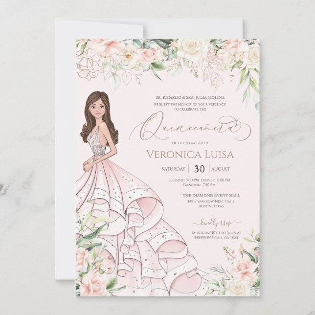 Blush Pink White Roses Luxury Quince Anos Birthday Invitation (Front)
