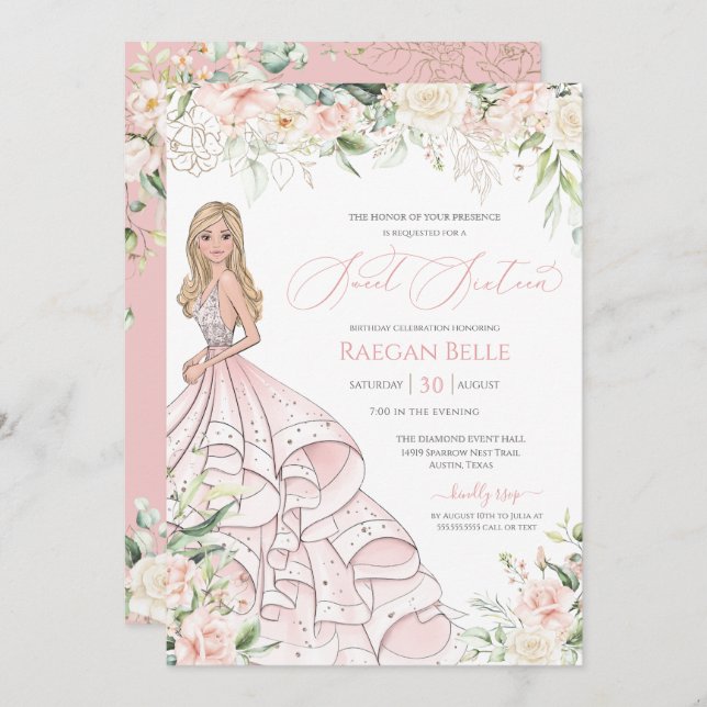 Blush Pink White Roses Luxury Sweet Sixteen  Invit Invitation (Front/Back)