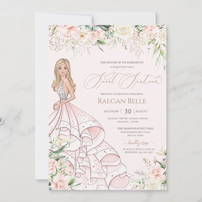 Blush Pink White Roses Luxury Sweet Sixteen  Invitation (Front)