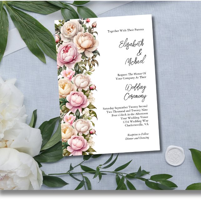 Blush Pink White Roses Peonies Floral Wedding Invitation (Blush Pink White Cream Roses and Peonies Wedding Invitation Elegant and Modern)