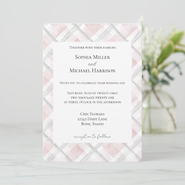 Blush Pink White Silver Glitz Wedding Invitation (Standing Front)