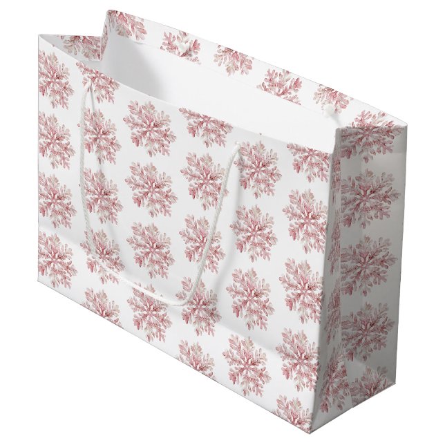 Blush Pink White Snowflakes Christmas Large Gift Bag (Front Angled)