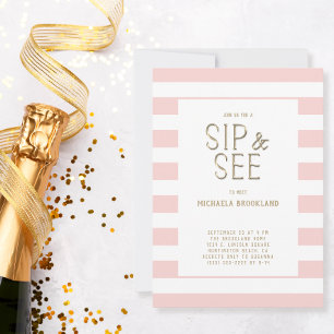 Blush Pink White Striped Baby Girl Sip and See Invitation