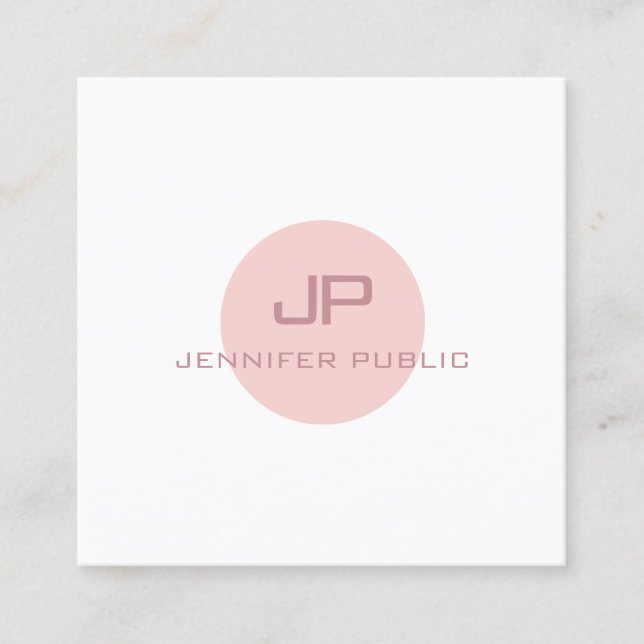 Blush Pink White Trendy Modern Monogram Template Square Business Card (Front)