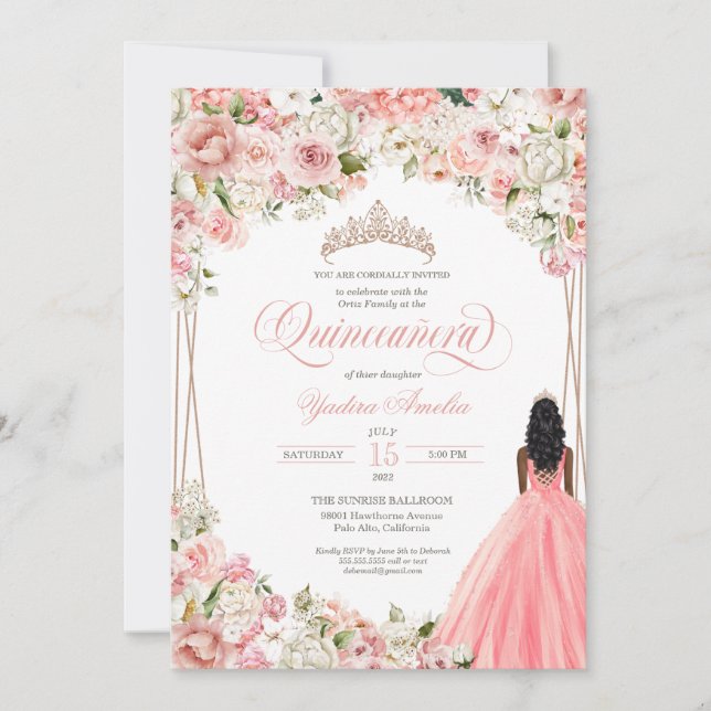 Blush Pink White Watercolor Flowers Quinceañera Invitation (Front)
