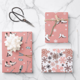 Blush Pink & White Winter Sports Wrapping Paper Sheet