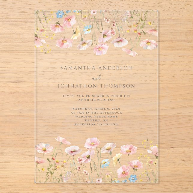 Blush Pink Wildflower Floral Wedding Acrylic Invitations (Front)