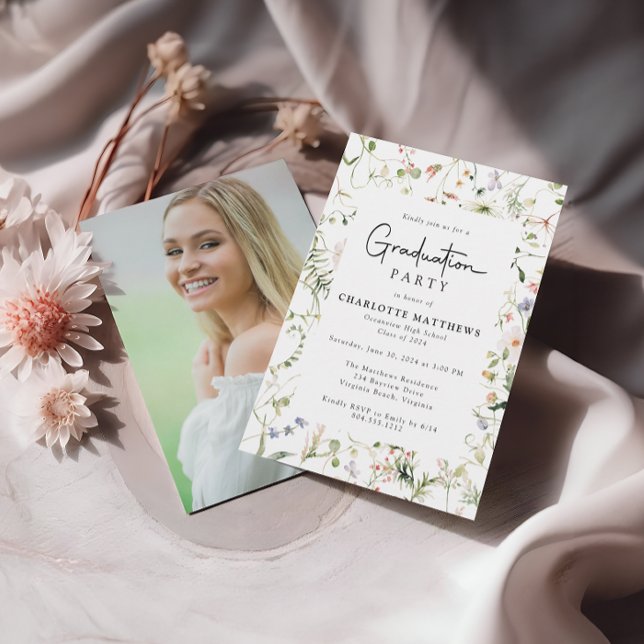 Blush Pink Wildflower Photo Graduation Party  Invitation (Creator Uploaded)
