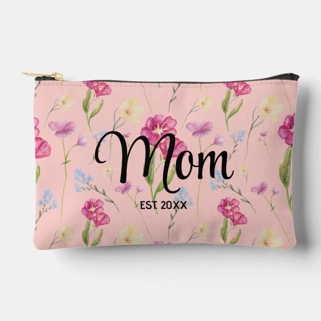 Blush Pink Wildflower Script Mum Established  Accessory Pouch (Front)