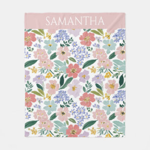 Blush Pink Wildflower Watercolor Name Fleece Blanket
