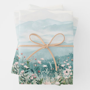 Blush Pink Wildflowers and Mountains Decoupage Wrapping Paper Sheet
