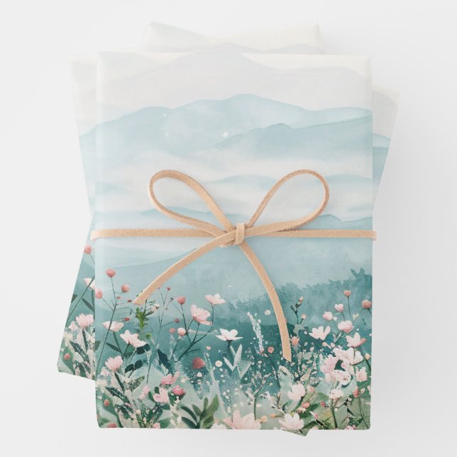 Blush Pink Wildflowers and Mountains Decoupage Wrapping Paper Sheet (In situ)