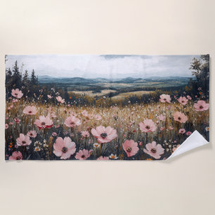Blush Pink Wildflowers Landscape Beach Towel
