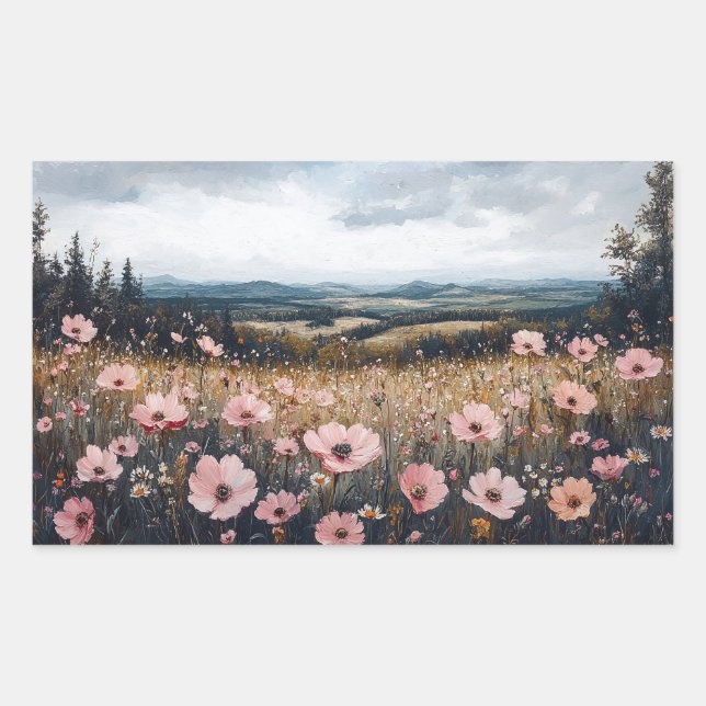 Blush Pink Wildflowers Landscape Rectangular Sticker (Front)