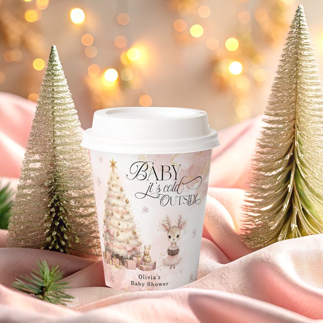 Blush Pink Winter Baby Deer Baby Shower Paper Cups (Creator Uploaded)