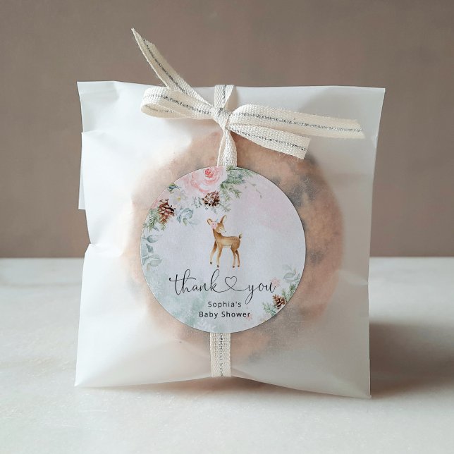 Blush pink winter baby deer thank you classic round sticker (Creator Uploaded)