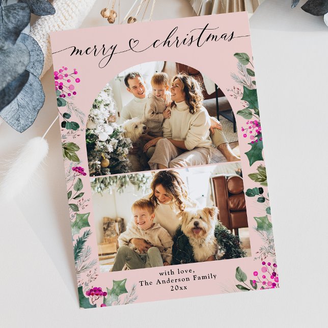 Blush Pink Winter Botanical 2 Photo Christmas Card (Creator Uploaded)