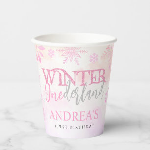 Blush Pink Winter Onederland First Birthday Paper Cups