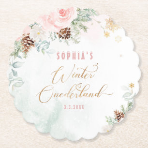 Blush pink winter onederland girl birthday paper coaster