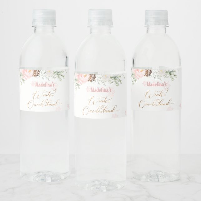 Blush pink winter onederland girl birthday water bottle label (Bottles)