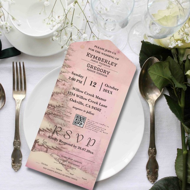 Blush Pink Winter Scene Snowy Pine Tree Christmas All In One Invitation (Creator Uploaded)