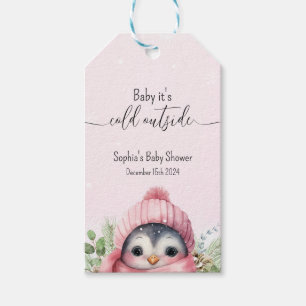 Blush Pink Winter Snow Penguin Baby Shower Gift Tags