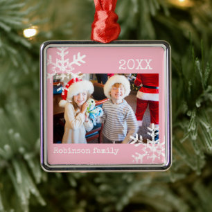 Blush Pink Winter Snowflake Photo Christmas Metal Tree Decoration
