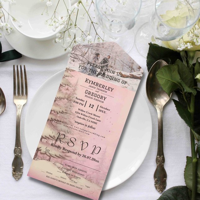 Blush Pink Winter Snowy Pine Tree Christmas Photo All In One Invitation (Creator Uploaded)