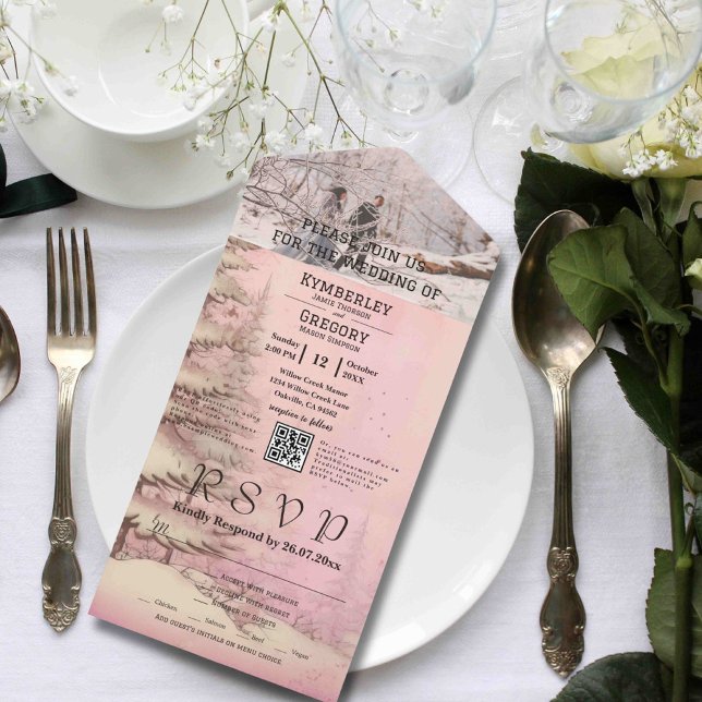 Blush Pink Winter Snowy Pine Tree Photo QR Code All In One Invitation (Creator Uploaded)