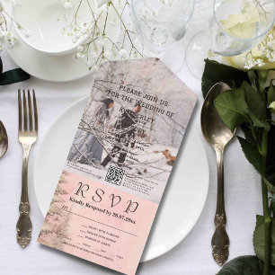 Blush Pink Winter Snowy Pine Tree Photo QR Code All In One Invitation