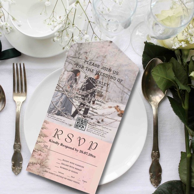 Blush Pink Winter Snowy Pine Tree Photo QR Code All In One Invitation (Creator Uploaded)