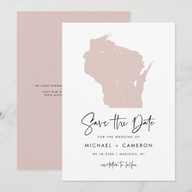 Blush Pink Wisconsin Map Minimalist Script Wedding Save The Date (Front/Back)