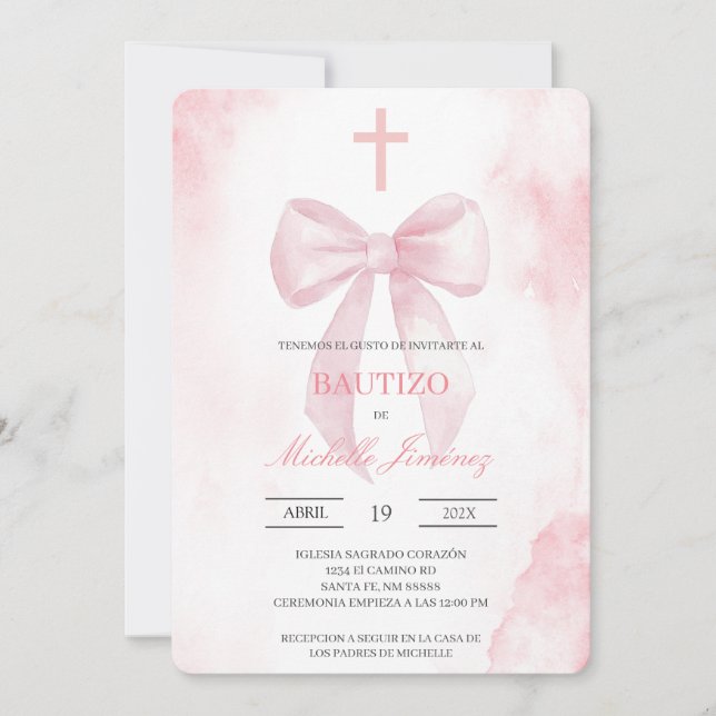 Blush pink with cross baptism  invitation (Front)