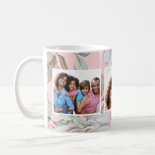 Blush Pink with Floral Three Photo Collage Coffee Mug (Left)