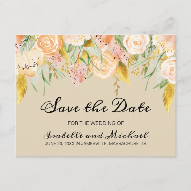 Blush Pink with Gold Accents Floral Save the Date Announcement Postcard (Front)