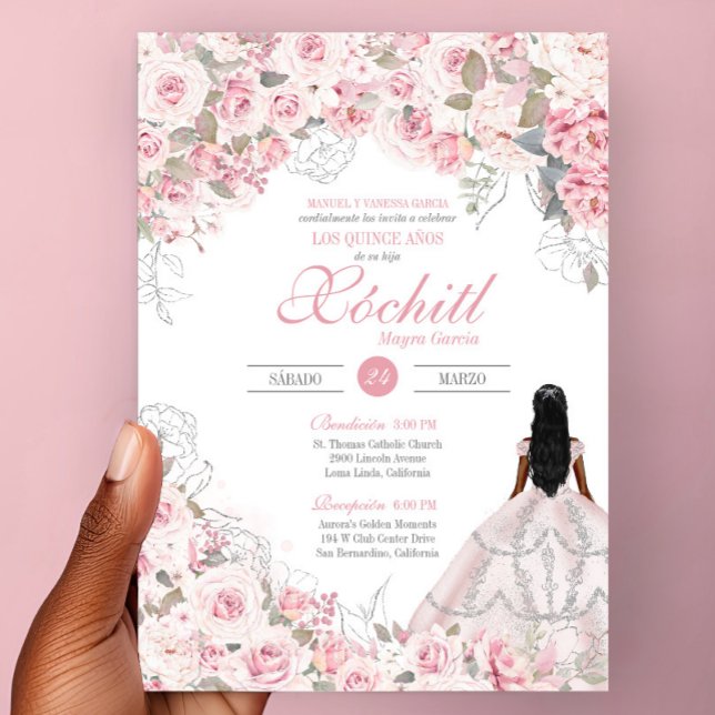 Blush Pink with Silver Blossom Rose Quinceanera Invitation (Creator Uploaded)